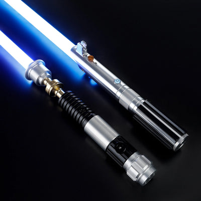 Obi-Wan and Anakin aluminum alloy lightsabers with glowing blue polycarbonate blades on a black background.