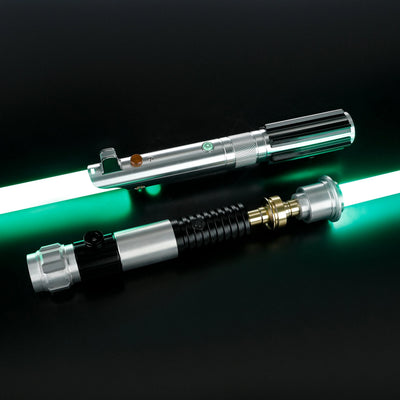 Obi-Wan and Anakin aluminum alloy lightsabers with glowing green blades on a black background.