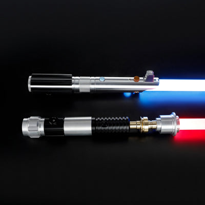 Obi-Wan and Anakin aluminum alloy lightsabers with glowing blue and red polycarbonate blades on a black background.