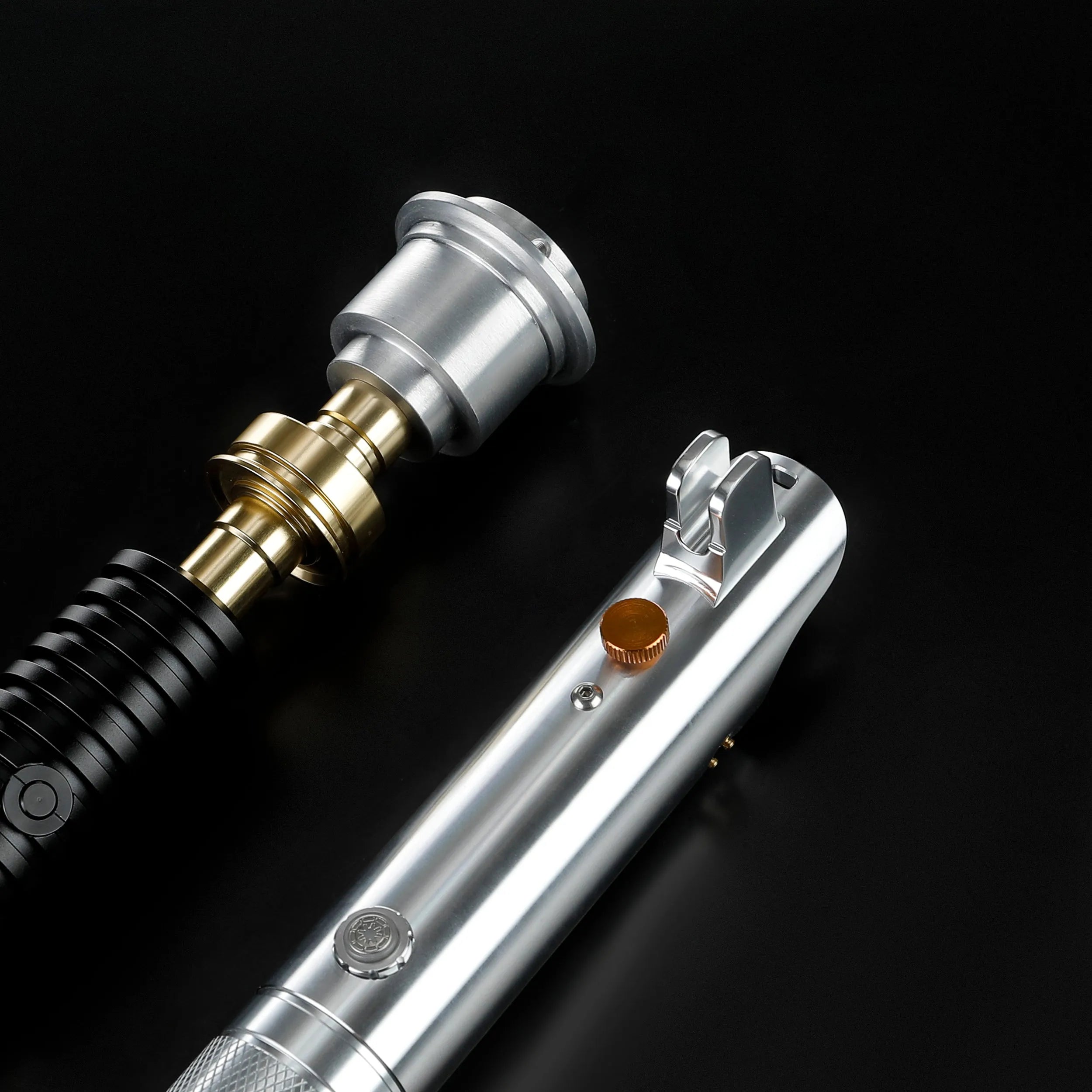 Obi-Wan and Anakin aluminum alloy lightsaber hilts featuring detailed metallic finishes and intricate grip designs.