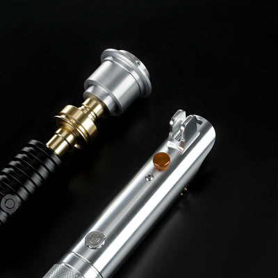 Obi-Wan and Anakin aluminum alloy lightsaber hilts featuring detailed metallic finishes and intricate grip designs.