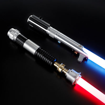 Obi-Wan and Anakin aluminum alloy lightsabers with glowing blue and red polycarbonate blades on a black background.