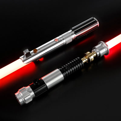 Two aluminum alloy lightsabers with glowing red blades, featuring detailed metallic hilts and duel-ready polycarbonate designs.