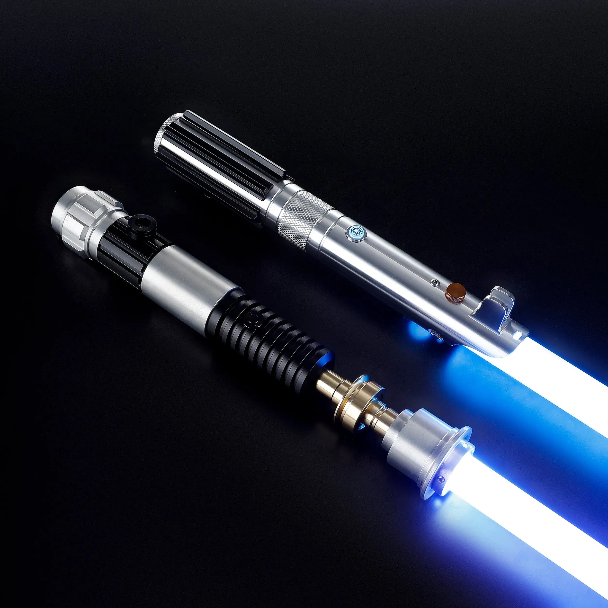 Two aluminum Obi-Wan and Anakin lightsabers with glowing blue blades on a black background.