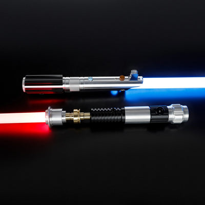 Obi-Wan and Anakin aluminum alloy lightsabers with glowing blue and red duel-ready polycarbonate blades on black background.