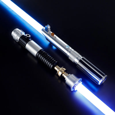Obi-Wan and Anakin aluminum alloy lightsabers with glowing blue polycarbonate blades on a black background.