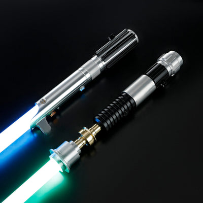 Obi-Wan and Anakin aluminum hilt lightsabers with glowing blue and green polycarbonate blades on a black background.