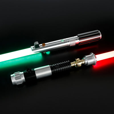 Obi-Wan and Anakin aluminum lightsabers with glowing green and red polycarbonate blades on a black background.
