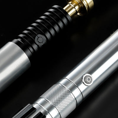 Obi-Ani two-saber bundle featuring T6 aluminum alloy hilts with detailed metallic textures and integrated activation buttons.