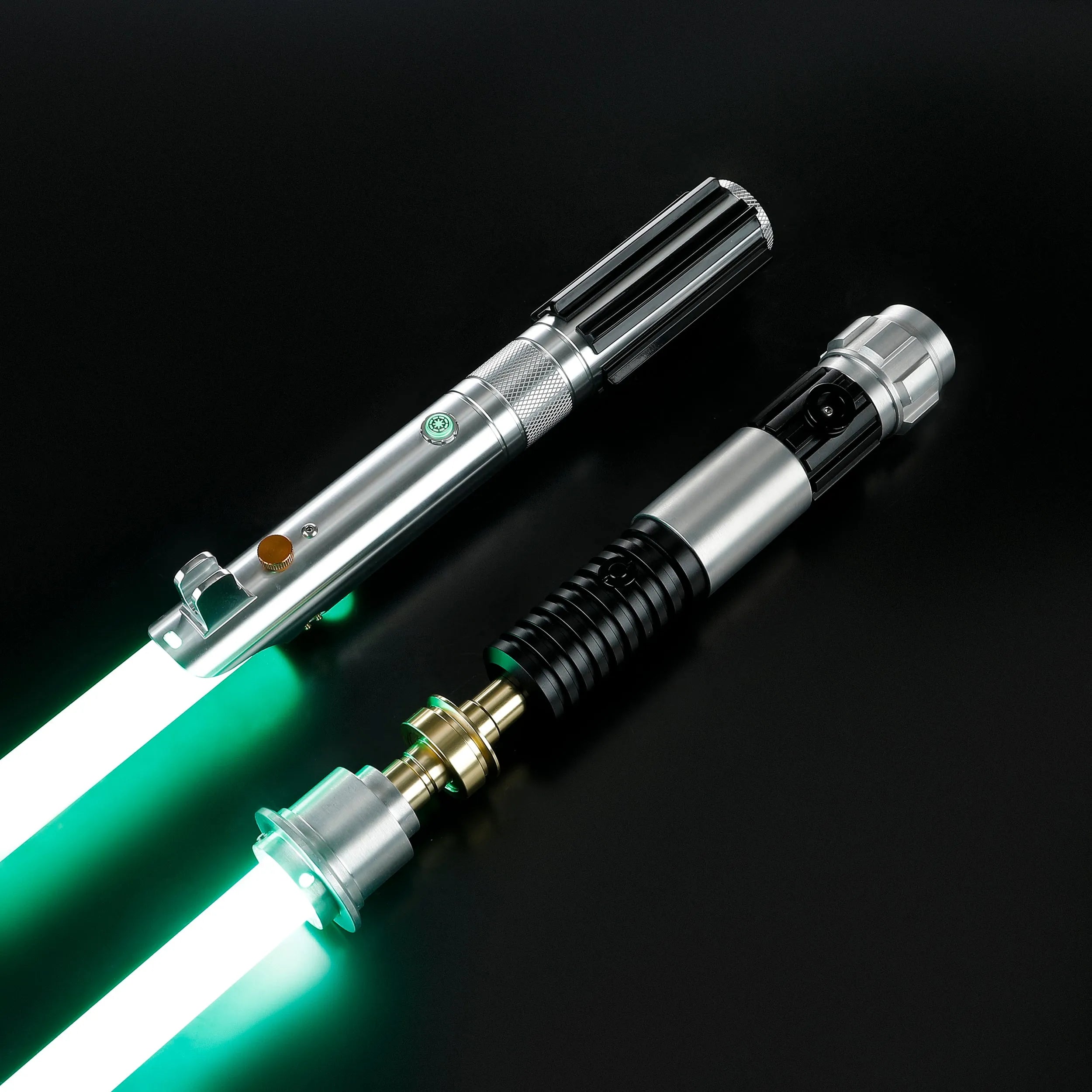 Obi-Wan and Anakin aluminum alloy lightsabers with glowing green blades and detailed metallic hilts on a black background.