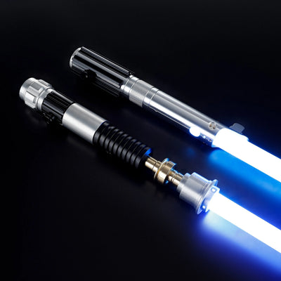 Obi-Wan and Anakin aluminum alloy lightsabers with glowing blue polycarbonate blades on a black background.