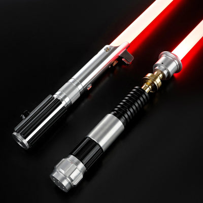 Obi-Wan and Anakin aluminum alloy lightsabers with glowing red blades and detailed metal hilts on a black background.
