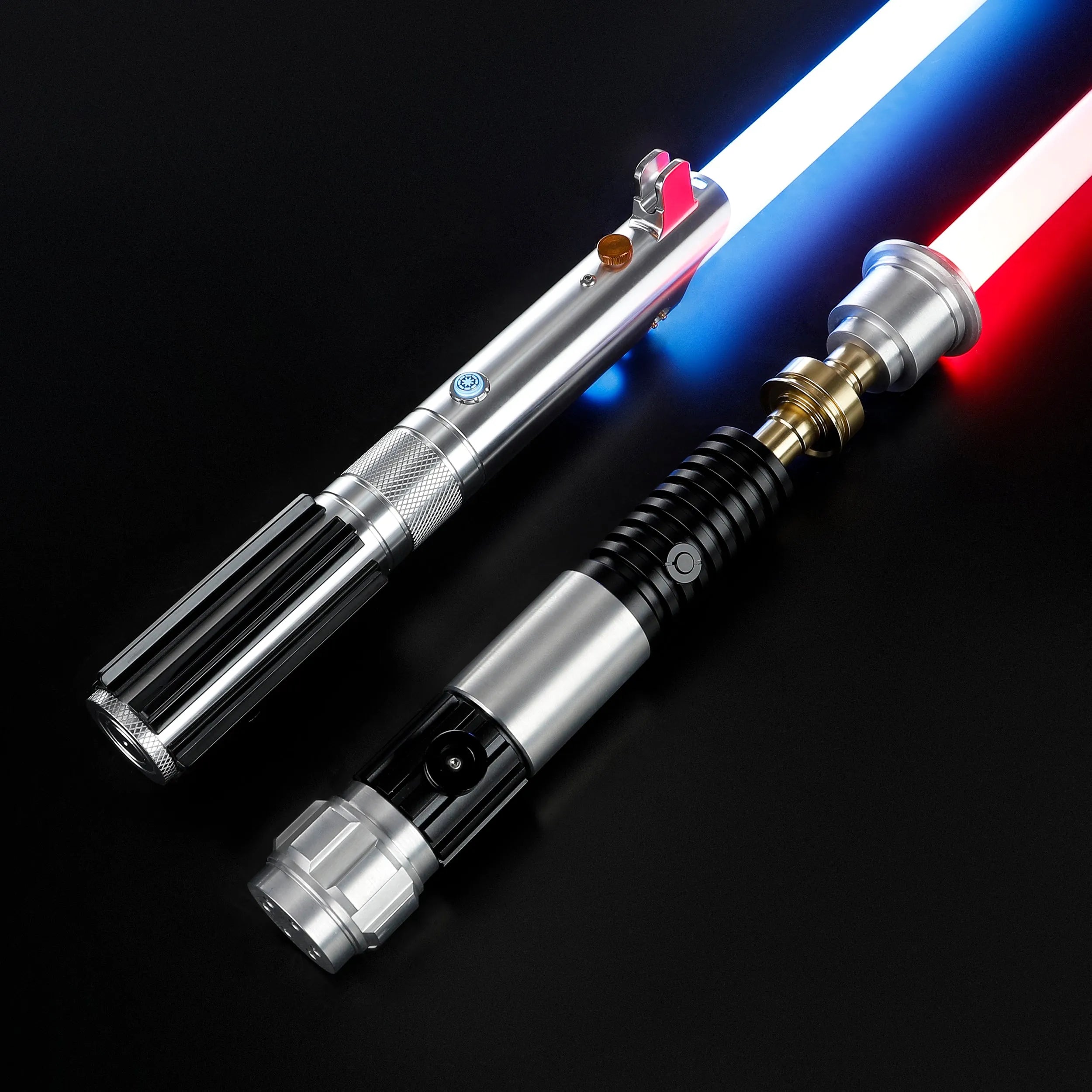 Obi-Wan and Anakin aluminum lightsabers with glowing blue and red polycarbonate blades on a black background.