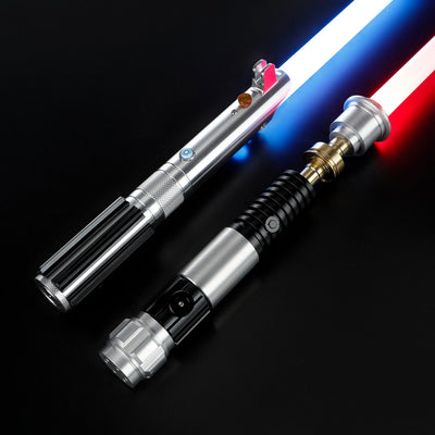 Obi-Wan and Anakin aluminum lightsabers with glowing blue and red polycarbonate blades on a black background.