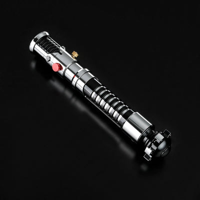 Screen-accurate Obi-Wan EP1 lightsaber hilt, chrome and black with grooved grip, red and gold buttons, durable for dueling.