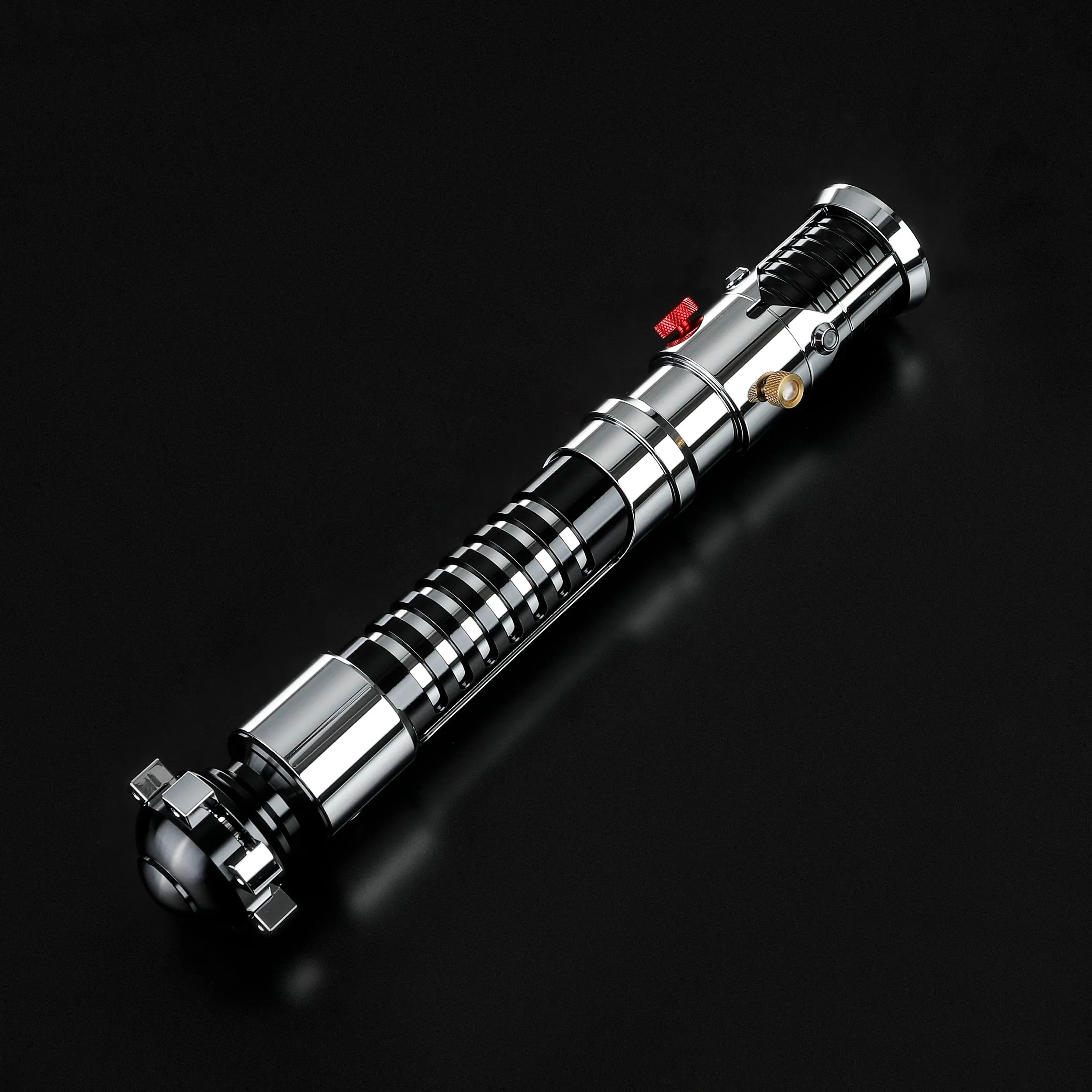 Screen-accurate Obi-Wan EP1 lightsaber hilt, chrome and black with grooved grip, durable for dueling.