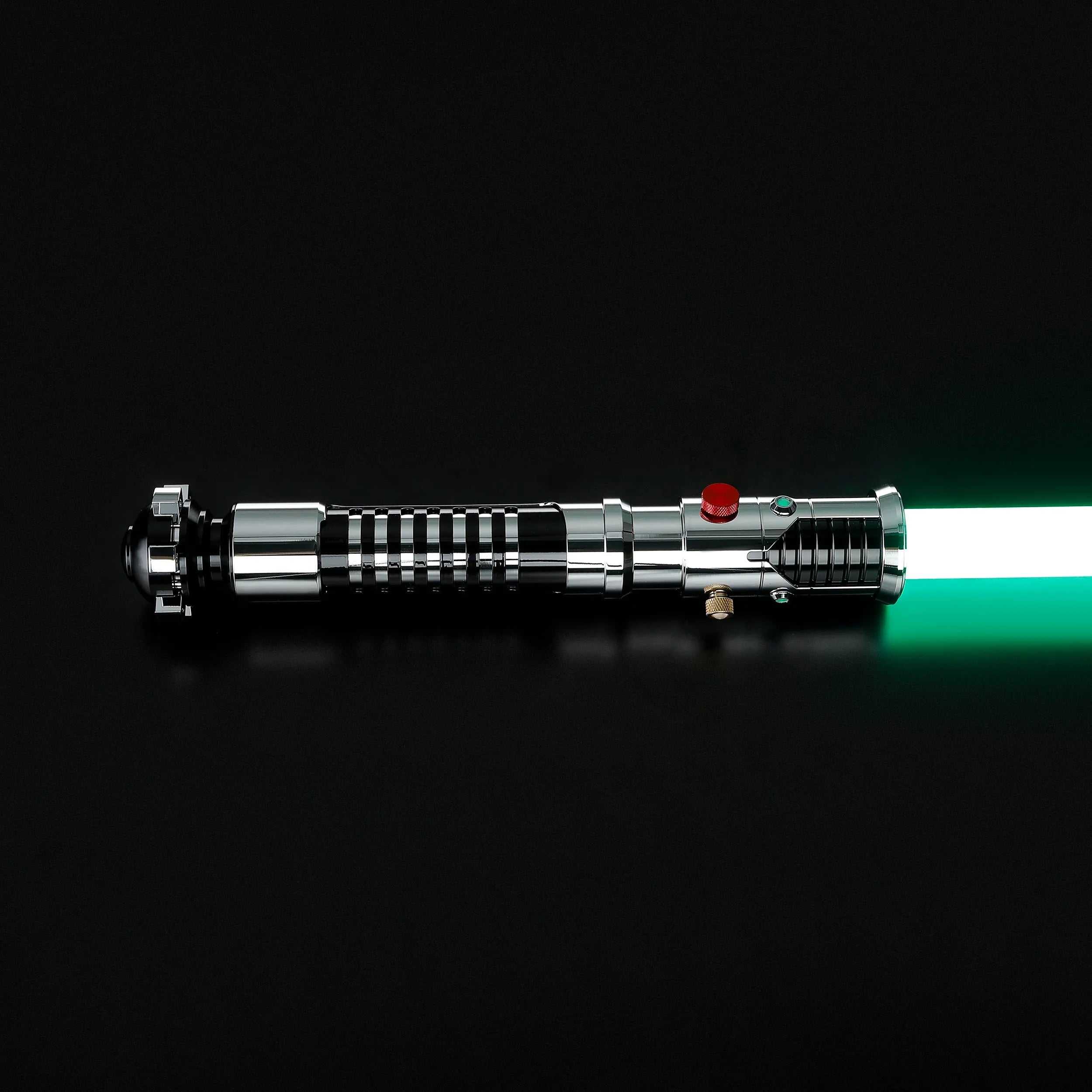 Screen-accurate Obi-Wan EP1 lightsaber with a chrome grooved hilt, red button, and glowing green blade, ideal for dueling.