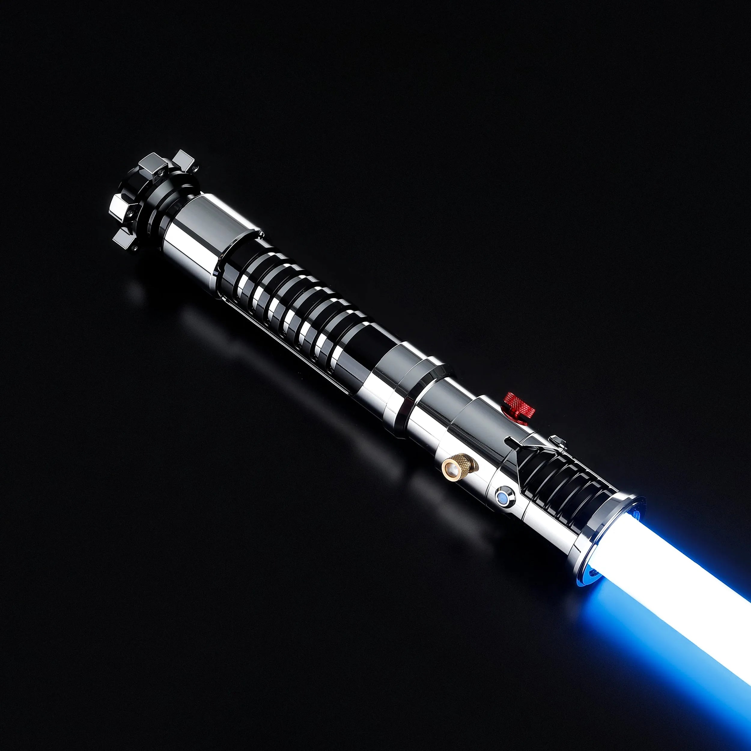Screen-accurate Obi-Wan EP1 lightsaber with a durable silver and black grooved hilt, red activation switch, and glowing blue blade.