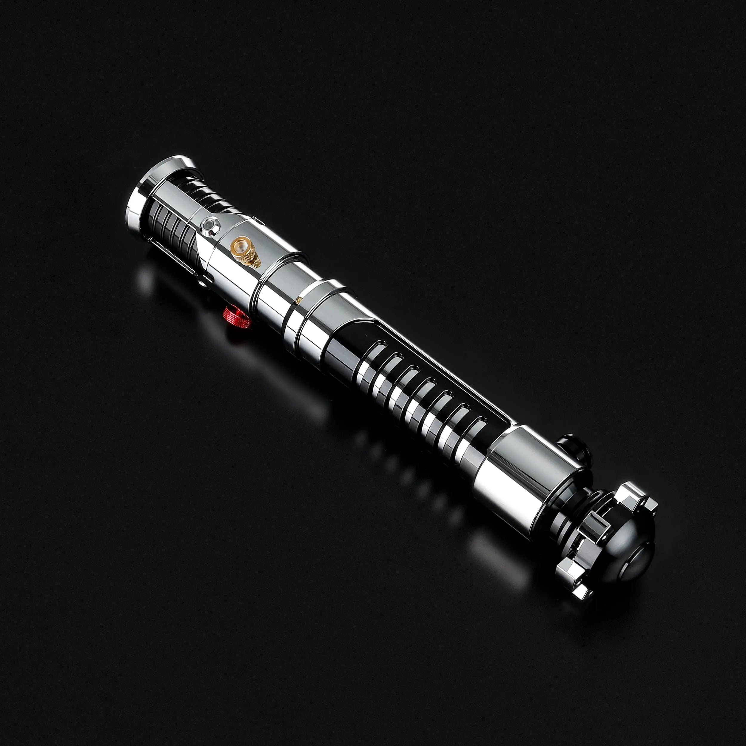Screen-accurate Obi-Wan EP1 lightsaber hilt, chrome and black with grooved grip, durable for dueling.