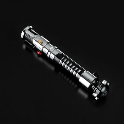 Screen-accurate Obi-Wan EP1 lightsaber hilt, chrome and black with grooved grip, durable for dueling.