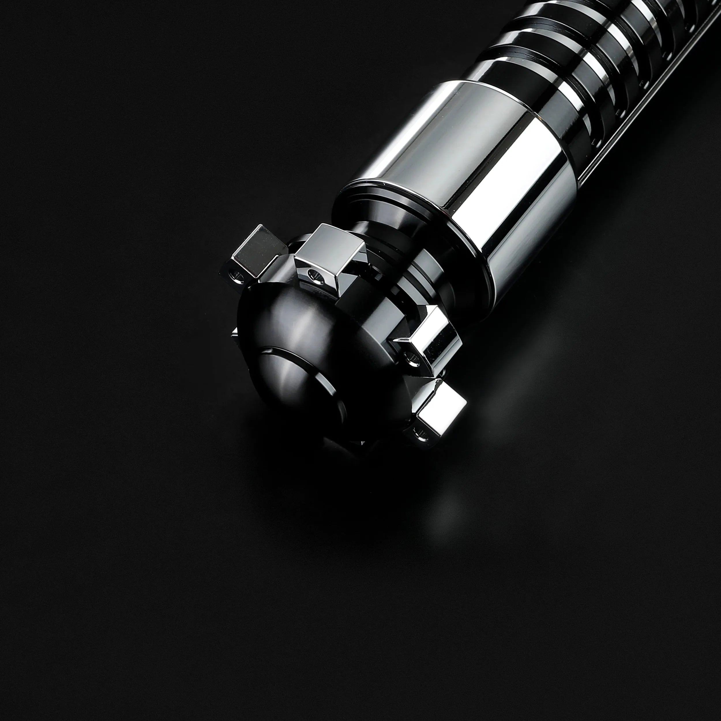 Screen-accurate Obi-Wan EP1 lightsaber hilt, durable for dueling, with a shiny chrome and black grooved design.