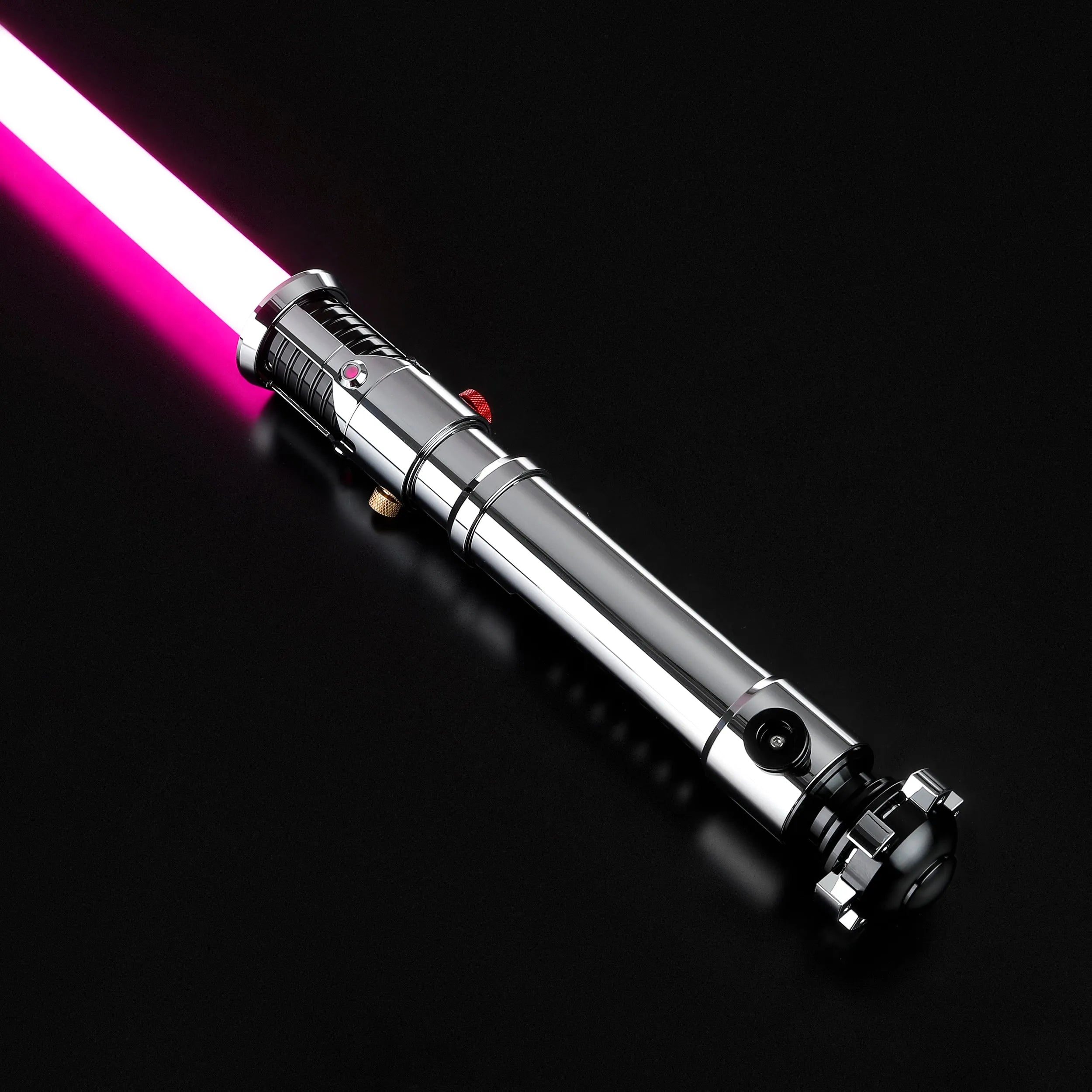 Screen-accurate Obi-Wan EP1 lightsaber with a shiny chrome hilt, grooved grip, and glowing pink blade.