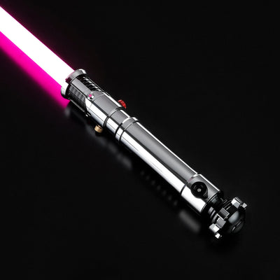 Screen-accurate Obi-Wan EP1 lightsaber with a shiny chrome hilt, grooved grip, and glowing pink blade.