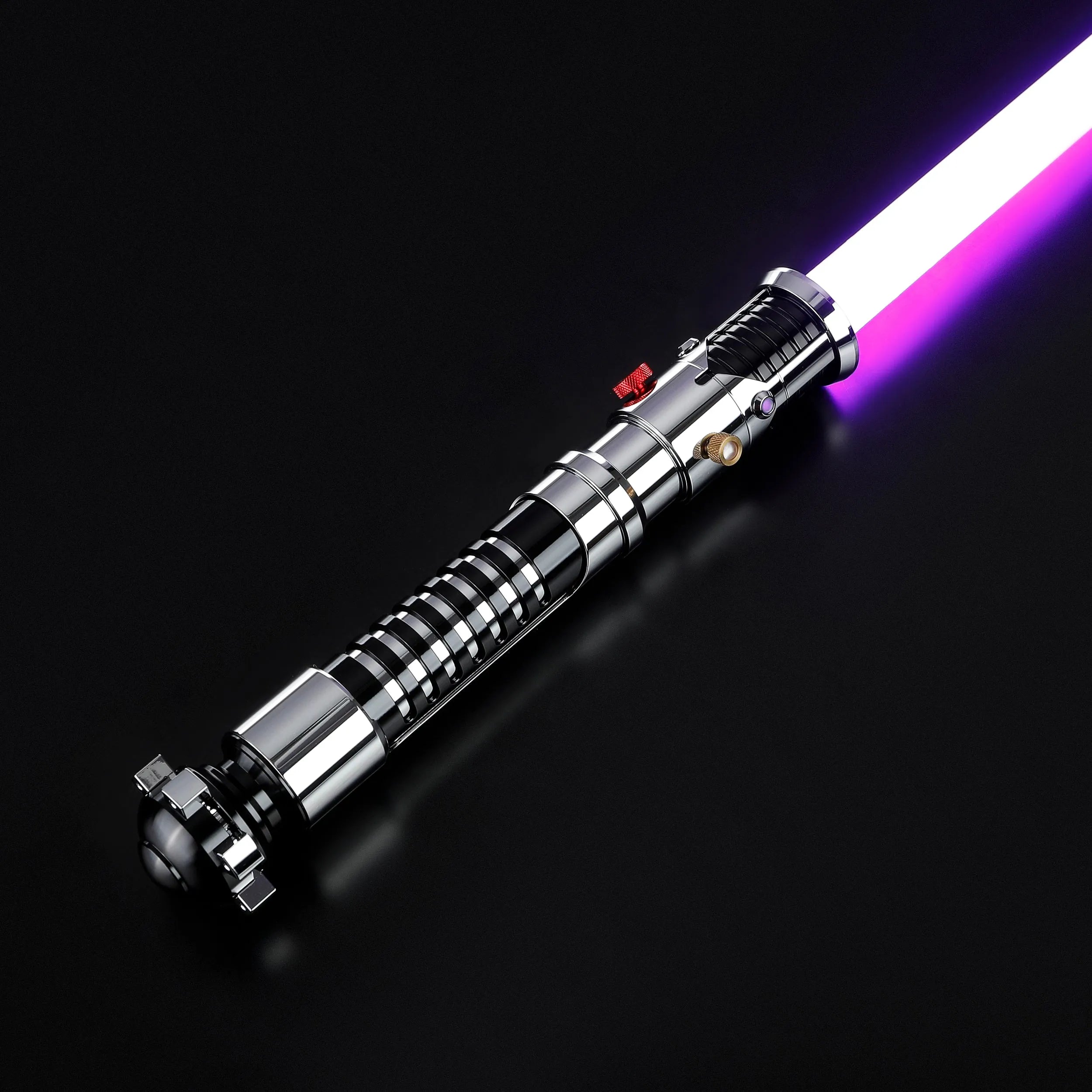 Screen-accurate Obi-Wan EP1 lightsaber with a durable, grooved chrome hilt and glowing purple blade.
