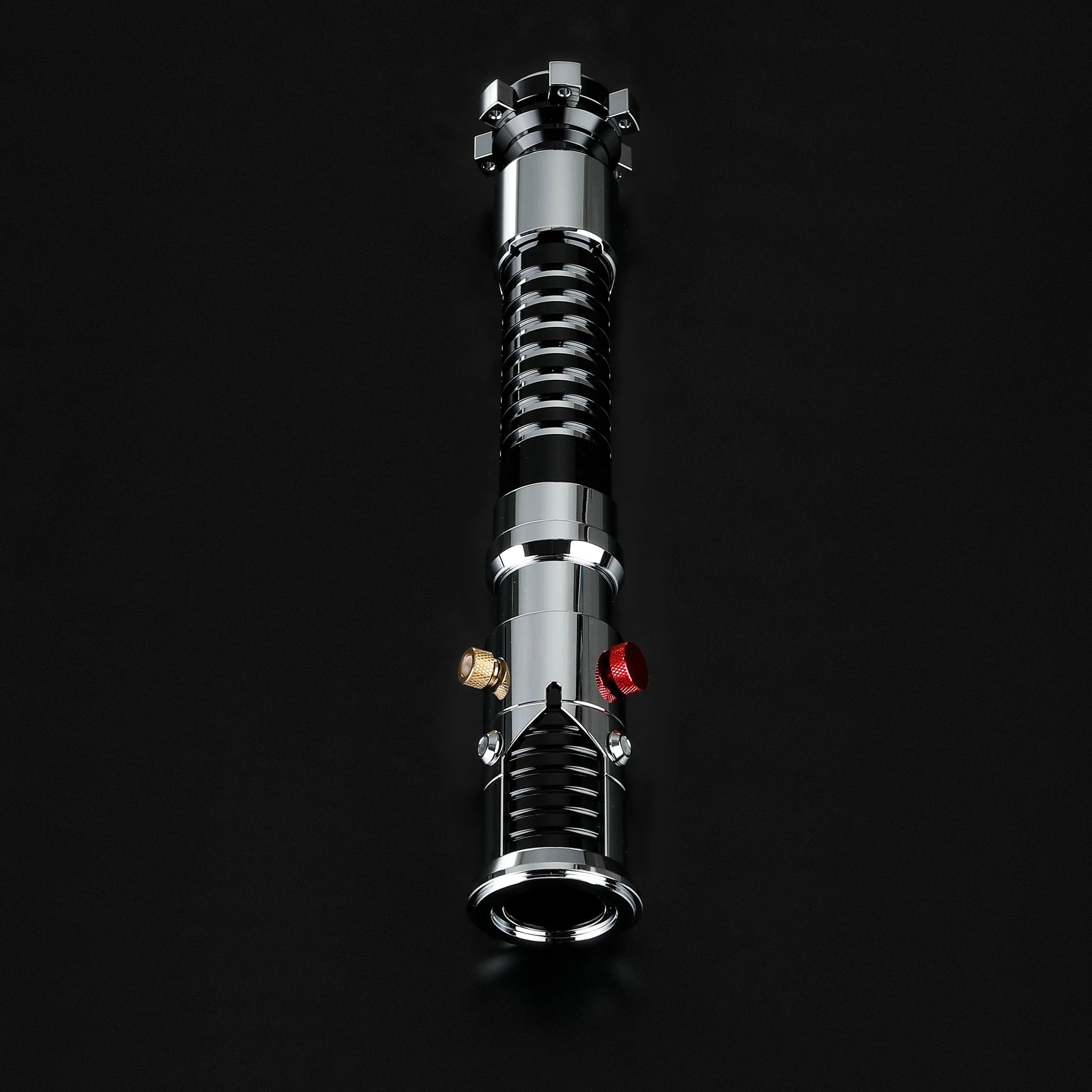 Screen-accurate Obi-Wan EP1 lightsaber with a chrome hilt, grooved grip, and red/gold buttons, durable for dueling.