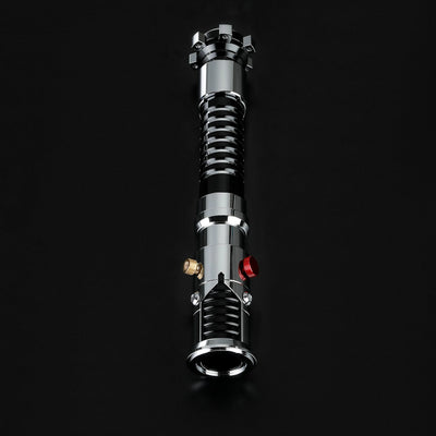 Screen-accurate Obi-Wan EP1 lightsaber with a chrome hilt, grooved grip, and red/gold buttons, durable for dueling.