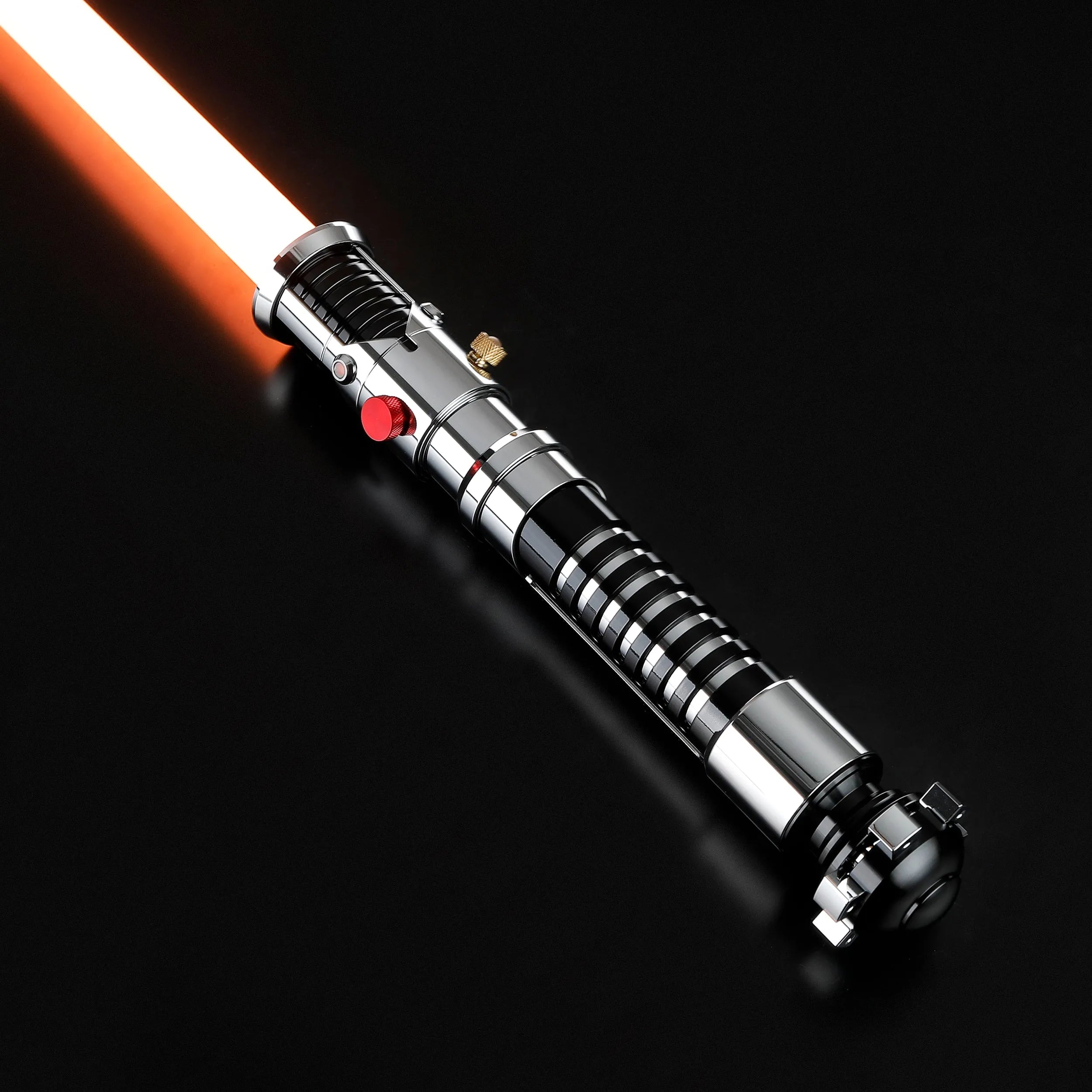 Screen-accurate Obi-Wan EP1 lightsaber with a glowing orange blade and durable, grooved silver and black hilt.