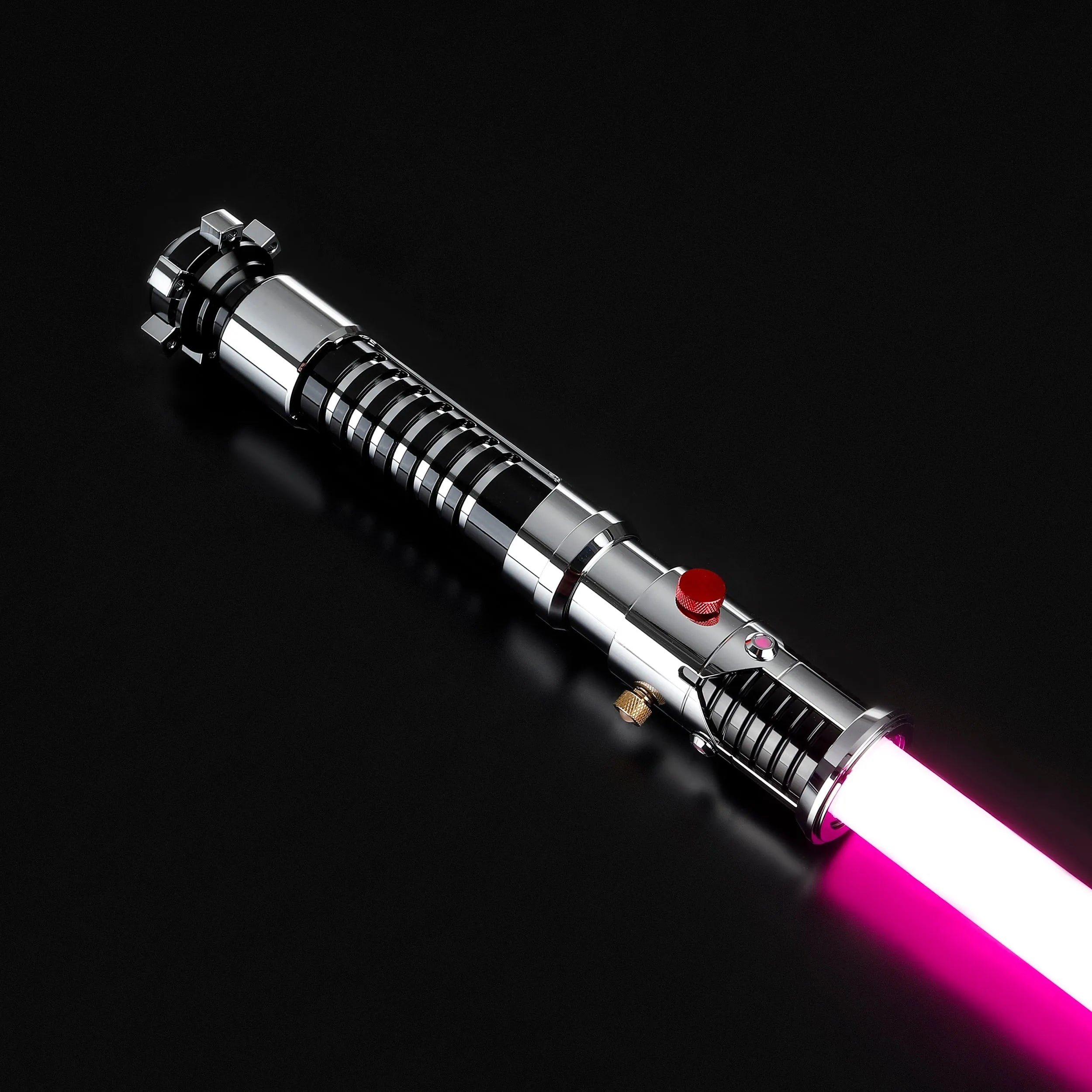 Screen-accurate Obi-Wan EP1 lightsaber with a chrome and black grooved hilt, red button, and glowing pink blade, ideal for dueling.