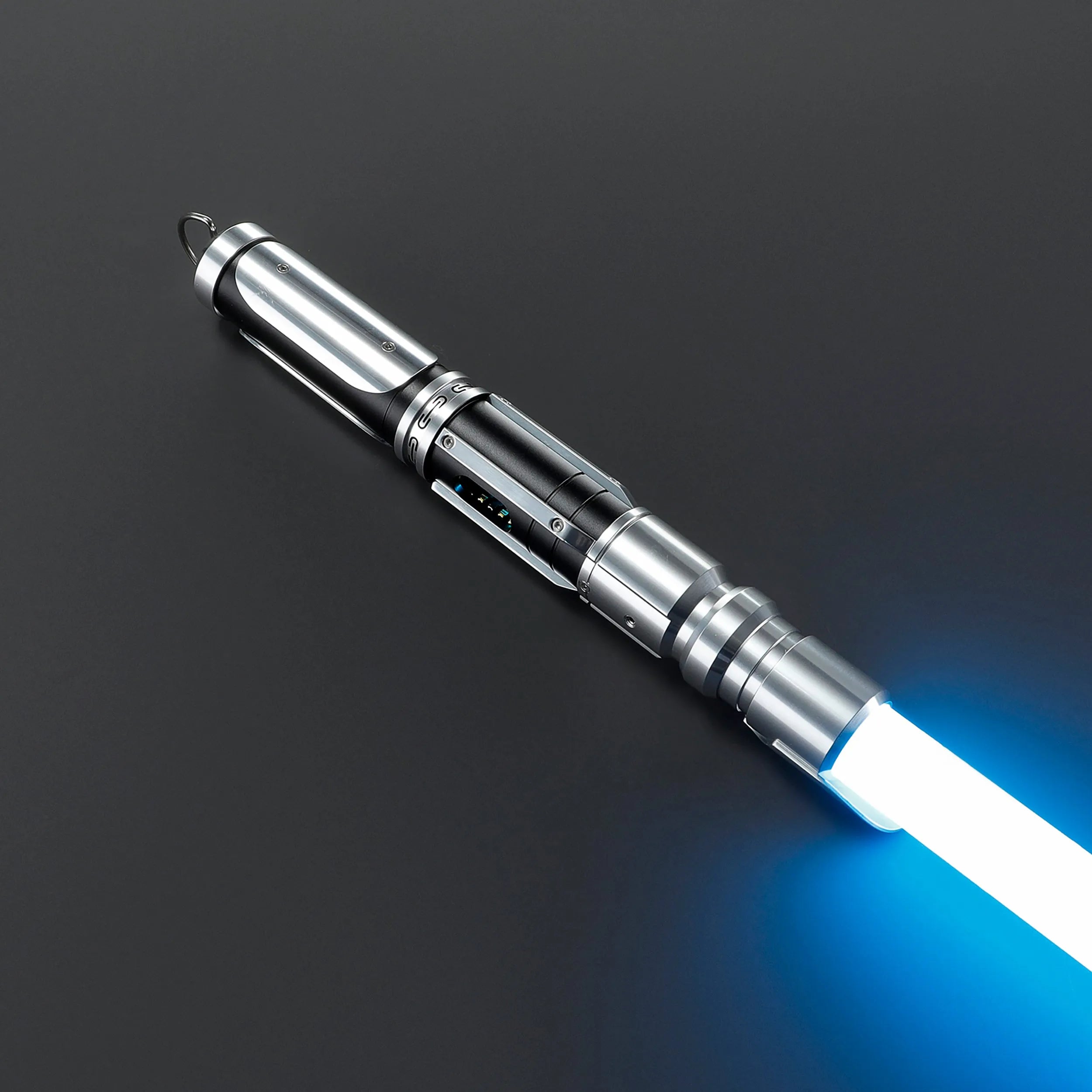 Paragon Xenopixel V3 saber hilt, aircraft-grade aluminum, polished silver and black, with glowing blue blade.