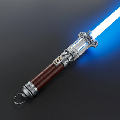 Pilgrim Ascendant Path Saber with brown leather-like grip, ornate silver emitter, and glowing blue blade.