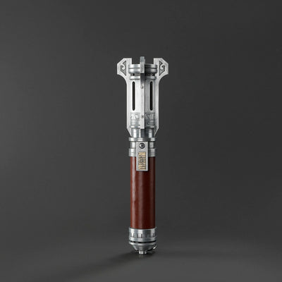 Pilgrim Ascendant Path Saber with a rich brown leather grip and intricately machined silver emitter.