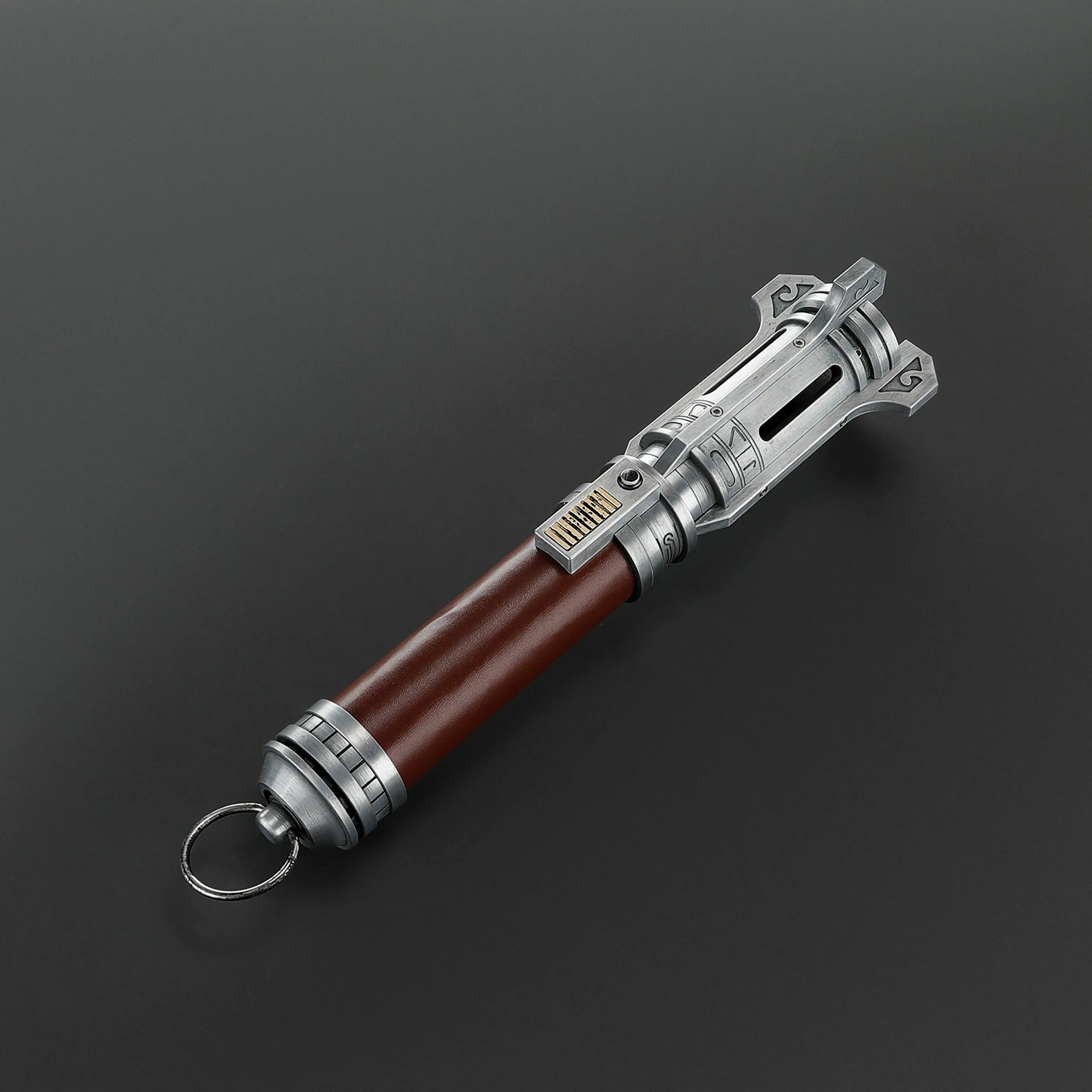 Pilgrim Ascendant Path Saber with a rich brown grip, silver ornate emitter, and subtle blue illumination.