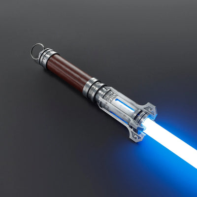 Pilgrim Ascendant Path Saber with brown grip, silver hilt, blue emitter accents, and ignited blue blade.