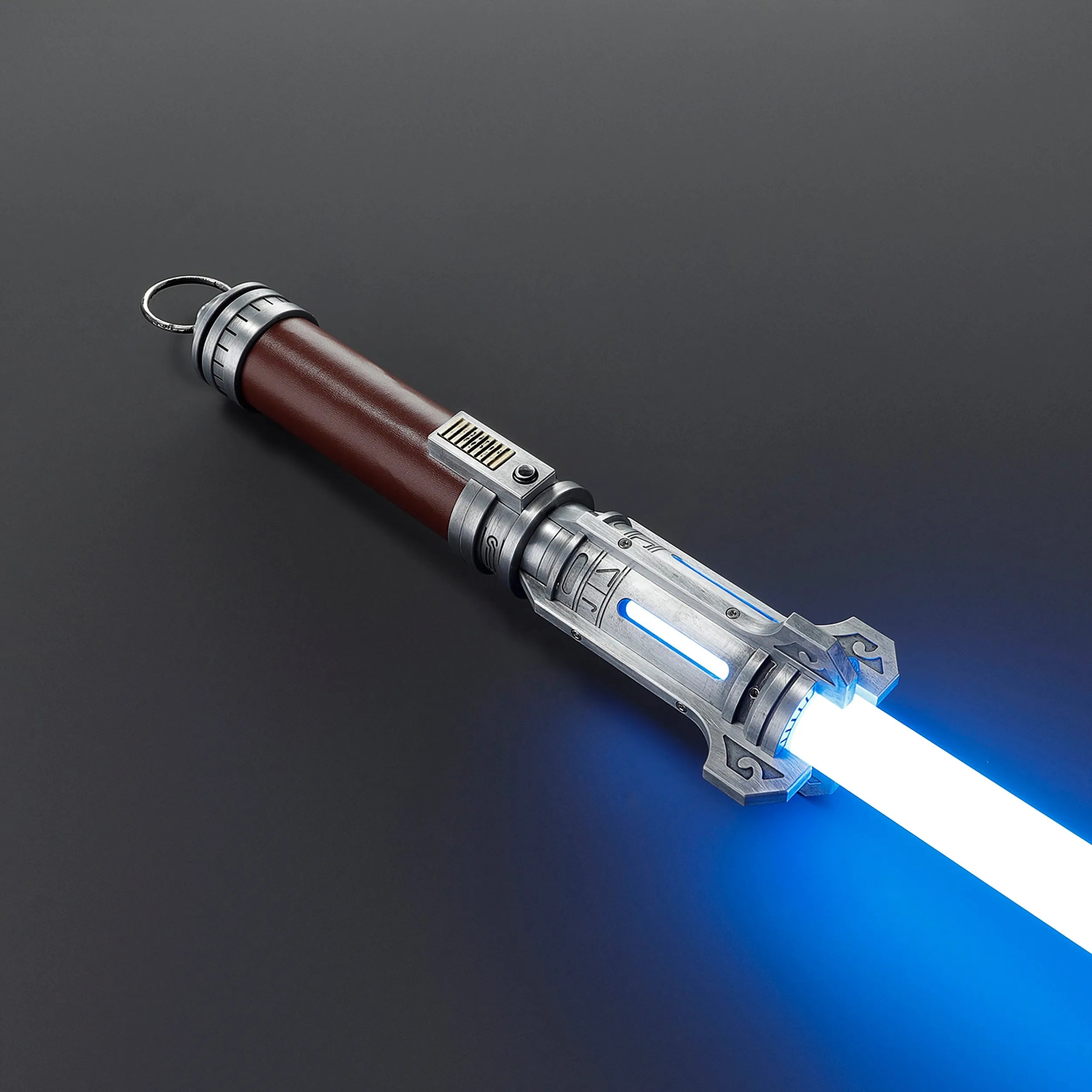 Pilgrim Ascendant Path Saber with brown grip, intricate silver emitter, and glowing blue blade.