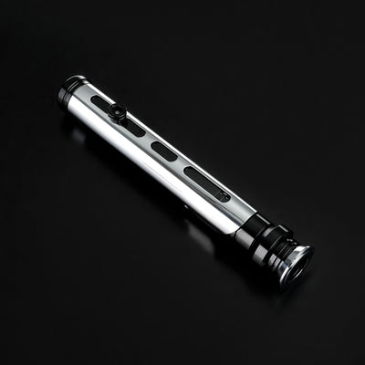 Sleek Qui-Gon Jinn lightsaber with a chrome T60 aluminum hilt, black accents, and a distinctive activation switch.