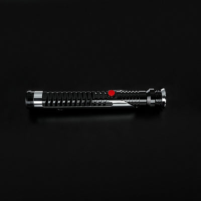 Qui-Gon Jinn lightsaber hilt, black and silver T60 aluminum with a prominent red activation button.