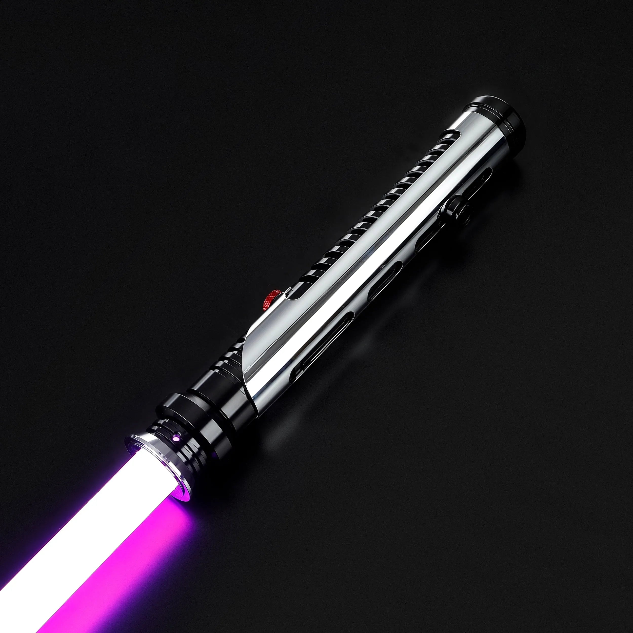 Qui-Gon Jinn lightsaber with a silver T60 aluminum hilt, black accents, red button, and glowing purple blade.