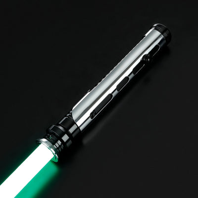 Qui-Gon Jinn's silver T60 aluminum lightsaber with black accents and a glowing green polycarbonate blade.