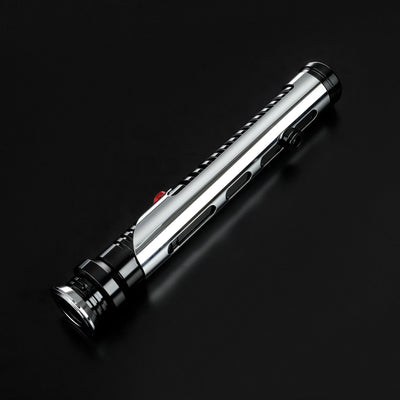 Qui-Gon Jinn lightsaber hilt, silver T60 aluminum with black accents and a red activation button.