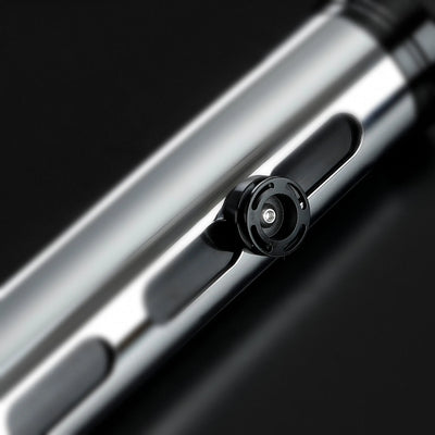 Qui-Gon Jinn lightsaber hilt, shiny silver T60 aluminum with black activation switch and accents.