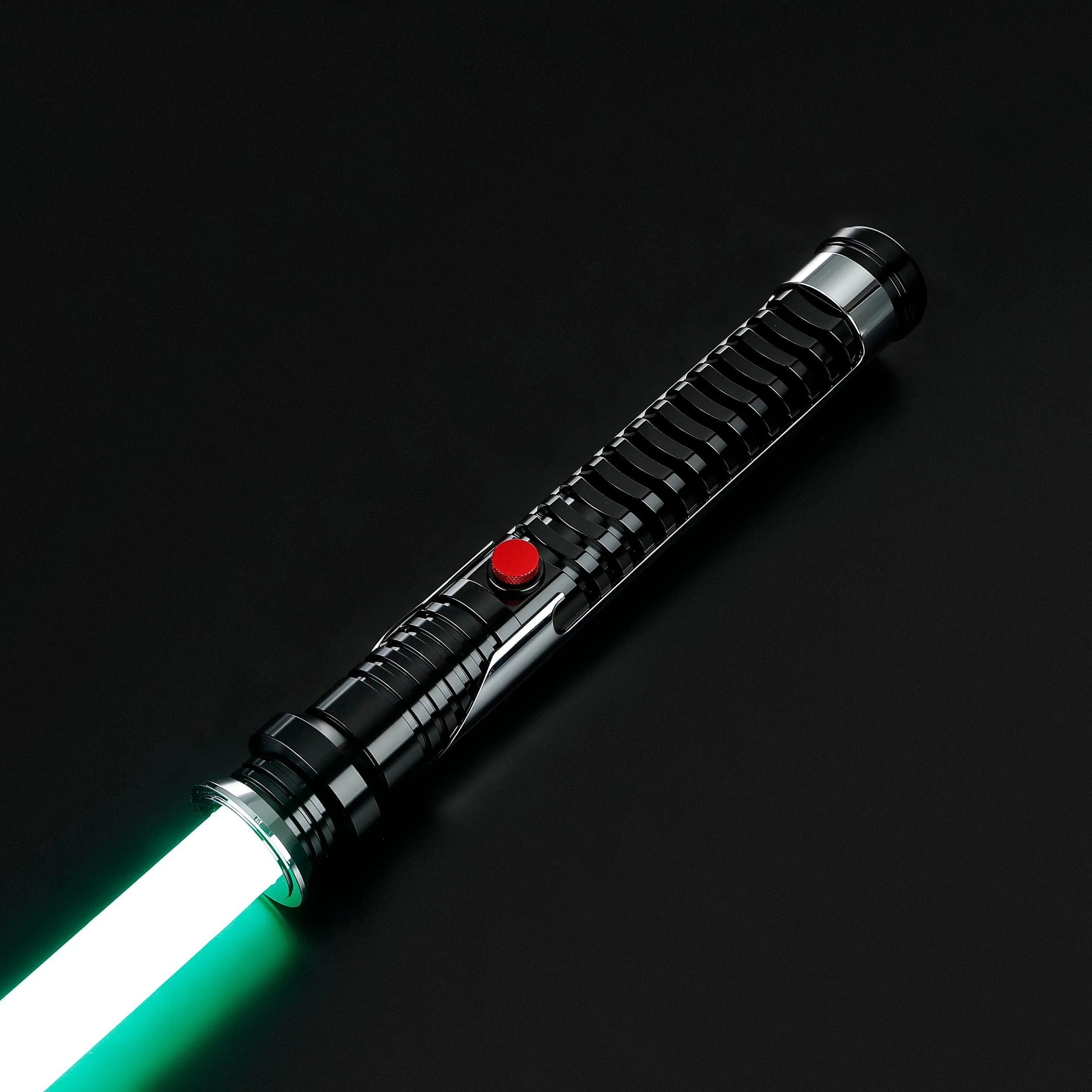 Qui-Gon Jinn lightsaber with black T60 aluminum hilt, silver accents, red button, and glowing green polycarbonate blade.