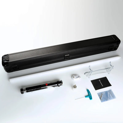 Qui-Gon Jinn lightsaber with black T60 aluminum hilt, white polycarbonate blade, hard case, and accessories.