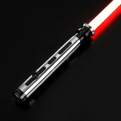Qui-Gon Jinn lightsaber with a silver T60 aluminum hilt, black accents, and a glowing red polycarbonate blade.