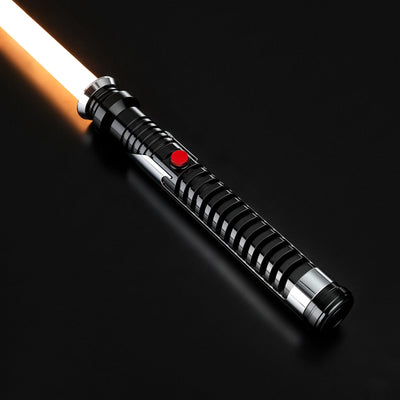 Qui-Gon Jinn's black T60 aluminum lightsaber with an orange polycarbonate blade and red activation button.