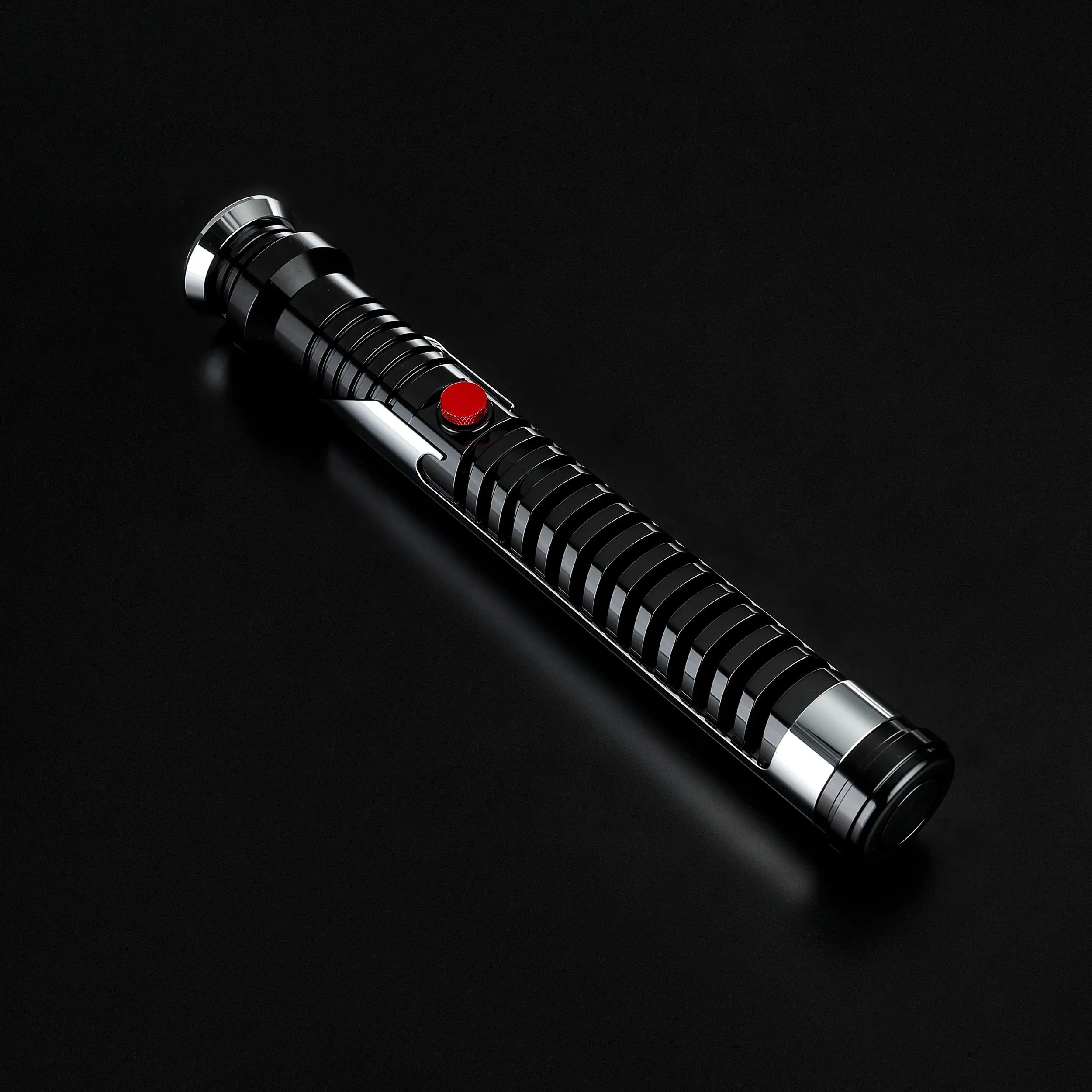 Qui-Gon Jinn lightsaber hilt, black T60 aluminum with chrome accents and a prominent red activation button.