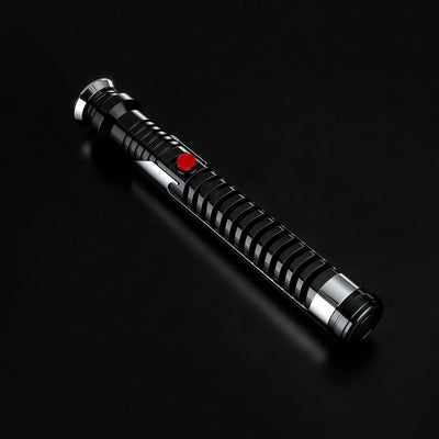 Qui-Gon Jinn lightsaber hilt, black T60 aluminum with chrome accents and a prominent red activation button.